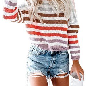 Crew neck striped color block loose knit sweater